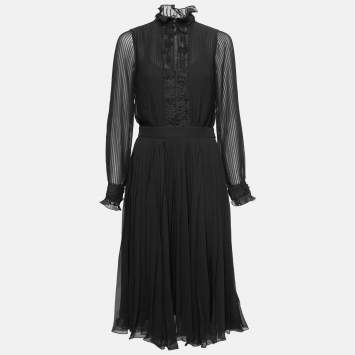 Pre Owned Polo Ralph Lauren Black Crepe Lace Trimmed Anabelle Pleated High Neck Dress S
