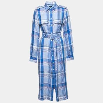 Pre Owned Polo Ralph Lauren Blue Checked Linen Belted Shirt Dress M