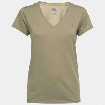 Pre Owned Polo Ralph Lauren Olive Green Cotton V-Neck T-Shirt M   