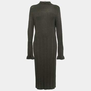Pre Owned Polo Ralph Lauren Olive Green Merino Wool Knitted Midi Dress L