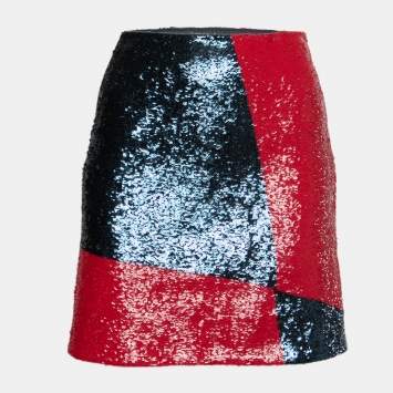 Pre Owned Polo Ralph Lauren Blue & Red Colorblock Sequined Mini Skirt M