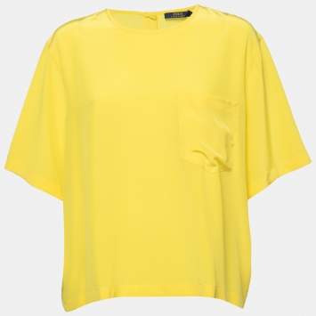 Pre Owned Polo Ralph Lauren Yellow Silk Short Sleeve Blouse XL