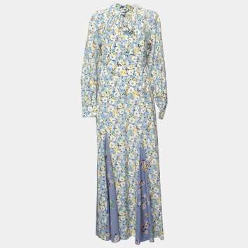 Pre Owned Polo Ralph Lauren Blue Floral Printed Silk Maxi Dress S