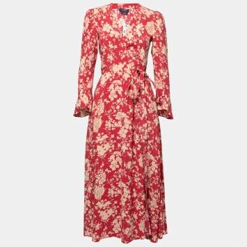 Pre Owned Polo Ralph Lauren Red Floral Printed Crepe Wrap Maxi Dress S