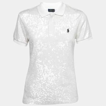 Pre Owned Polo Ralph Lauren White Sequined Polo T-Shirt S 