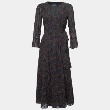 Pre Owned Polo Ralph Lauren Black Floral Printed Crepe Wrap Maxi Dress S