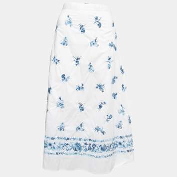 Pre Owned Polo Ralph Lauren White Cotton Floral Embroidered Midi Skirt S