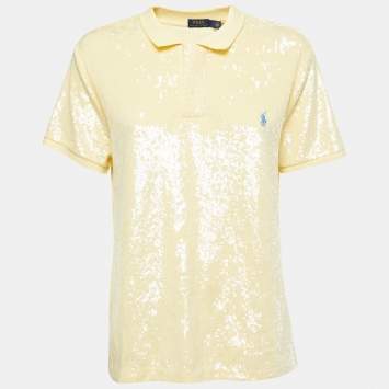 Pre Owned Polo Ralph Lauren Yellow Cotton Sequin Embellished Polo T-Shirt L