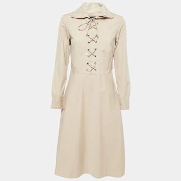 Pre Owned Polo Ralph Lauren Beige Cotton Long Sleeve Midi Dress S