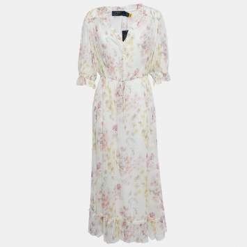 Pre Owned Polo Ralph Lauren White Floral Print Chiffon Ruffled Midi Dress M