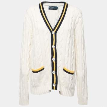 Pre Owned Polo Ralph Lauren Off-White Cable Knit Button Front Cardigan L