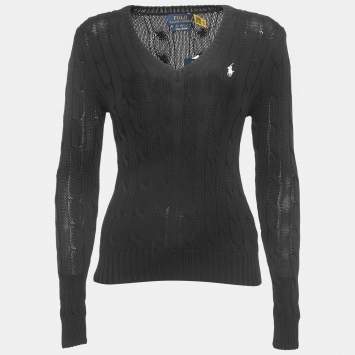 Pre Owned Polo Ralph Lauren Black Logo Embroidered Cable Knit V-Neck Sweater S