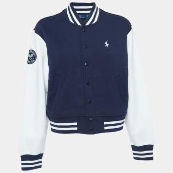 Pre Owned Polo Ralph Lauren X Wimbledon Navy Blue/White Jersey Bomber Jacket S