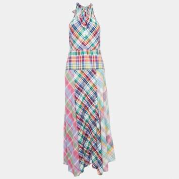 Pre Owned Polo Ralph Lauren Multicolor Check Print Cotton Halterneck Dress M