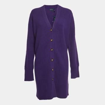 Pre Owned Polo Ralph Lauren Purple Wool Rib Knit Buttoned Cardigan L
