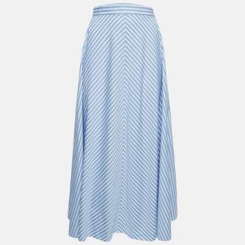 Pre Owned Polo Ralph Lauren Blue Striped Cotton Midi Skirt M