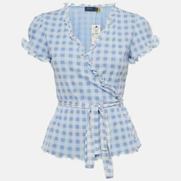Pre Owned Polo Ralph Lauren Blue Checked Knit Wrap Top M