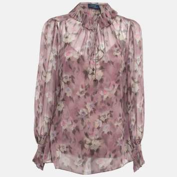 Pre Owned Polo Ralph Lauren Pink Floral Print Silk Freaky Long Sleeve Shirt L