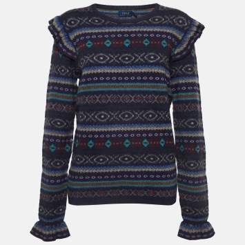 Pre Owned Polo Ralph Lauren Navy Blue Patterned Wool Blend Ruffled Sweater L
