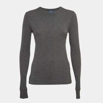Pre Owned Polo Ralph Lauren Grey Suede Trim Rib Knit Sweatshirt M