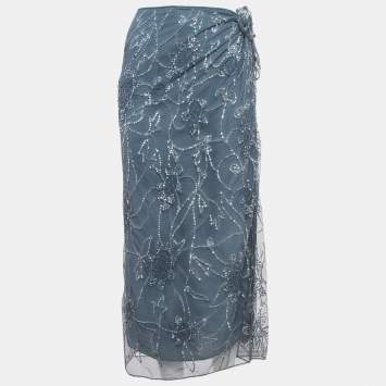 Pre Owned Polo Ralph Lauren Grey Sequin Embroidered Tulle Midi Skirt L