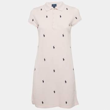 Pre Owned Polo Ralph Lauren Pink All Over Logo Cotton Pique T-Shirt Dress XL