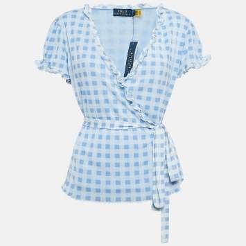 Pre Owned Polo Ralph Lauren Blue Checks Print Jersey Wrap-Around Ruffled Top L