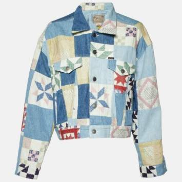 Pre Owned Polo Ralph Lauren Blue Patchwork Denim Trucker Jacket M