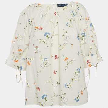 Pre Owned Polo Ralph Lauren White Floral Print Cotton Top M