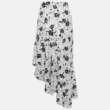 Pre Owned Polo Ralph Lauren White Floral Print Linen Ruffled Asymmetric Skirt L