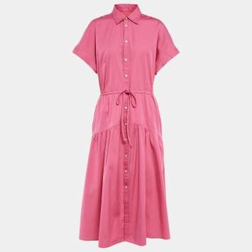 Pre Owned Polo Ralph Lauren Pink Cotton Button Front Tie-Up Waist Midi Dress M