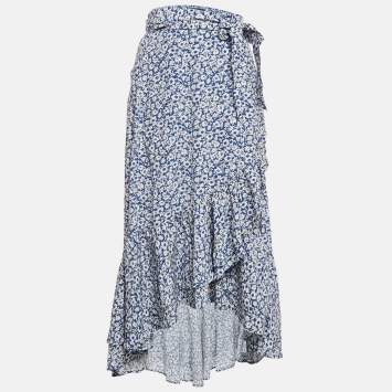 Pre Owned Polo Ralph Lauren Blue Floral Print Viscose Ruffled Midi Wrap Skirt M