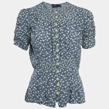 Pre Owned Polo Ralph Lauren Blue Floral Crepe Smocked Blouse M