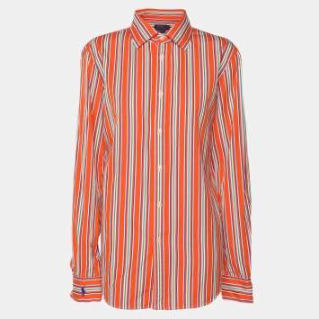 Pre Owned Polo Ralph Lauren Orange Stripe Cotton Long Sleeve Shirt L