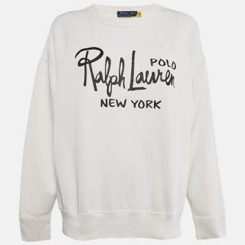 Pre Owned Polo Ralph Lauren White Logo Print Cotton Crew Neck Sweatshirt XL
