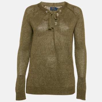 Polo Ralph Lauren Green Linen Rib Knit Lace-Up Sheer Sweater S