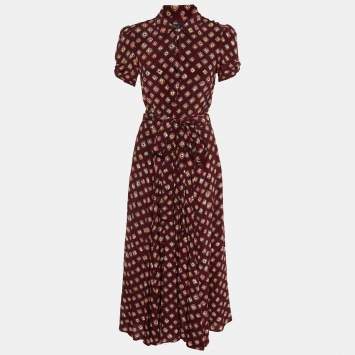 Pre Owned Polo Ralph Lauren Burgundy Printed Satin Midi Dress M