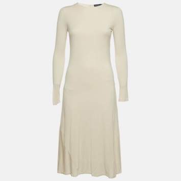 Pre Owned Polo Ralph Lauren Off-White Jersey Long Sleeve Midi Dress S