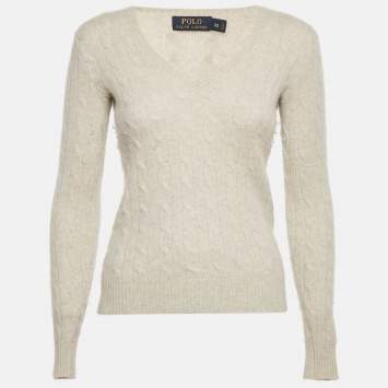 Pre Owned Polo Ralph Lauren Off-White Cable Knit V-Neck Sweater XS