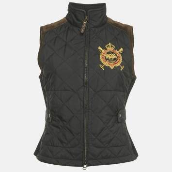 Pre Owned Polo Ralph Lauren Black Embroidered Nylon Leather Trim Quilted Vest M