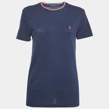 Pre Owned Polo Ralph Lauren Navy Blue Logo Embroidered Cotton Crewneck T-Shirt S
