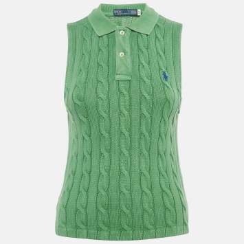 Pre Owned Polo Ralph Lauren Green Cable Knit Cropped Polo Sleeveless Shirt S