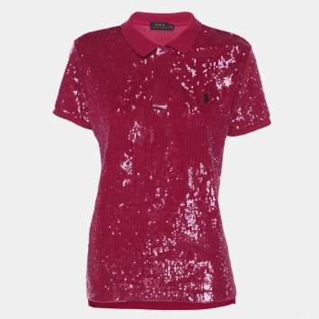 Pre Owned Polo Ralph Lauren Pink Sequined Cotton Polo Shirt S