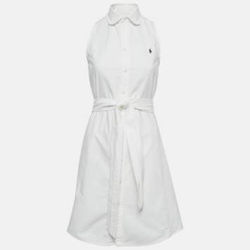 Pre Owned Polo Ralph Lauren White Cotton Belted Mini Shirt Dress XS