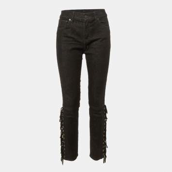 Pre Owned Polo Ralph Lauren Black Denim Fringed Skinny Jeans M/Waist 31"
