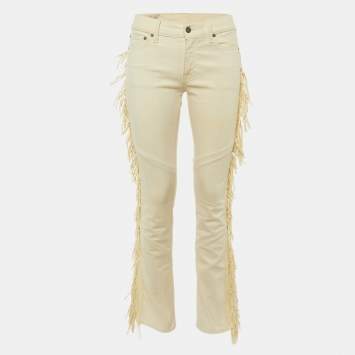 Pre Owned Polo Ralph Lauren Cream Denim Leather Fringed Skinny Jeans M/Waist 31"