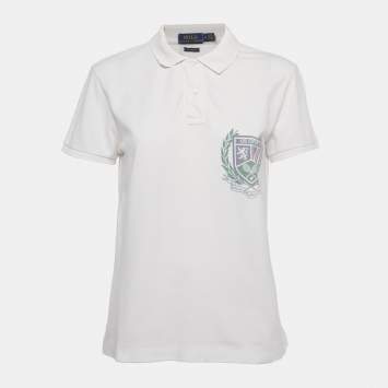 Pre Owned Polo Ralph Lauren White Logo Print Cotton Classic Fit Polo T-Shirt M