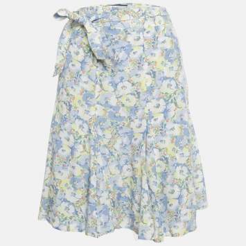 Pre Owned Polo Ralph Lauren Blue/White Floral Print Crepe Wrap Skirt XL