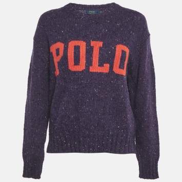 Pre Owned Polo Ralph Lauren Purple Logo Intarsia Wool Knit Sweater S