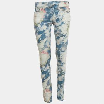 Pre Owned Polo Ralph Lauren Blue Floral Print Denim Tompkins Skinny Jeans S/Waist 28"